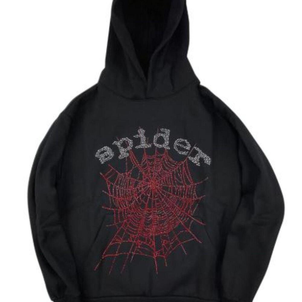 Sp5der Black Red Rhinestone Web Hoodie - XL